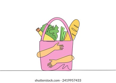 Una sola línea continua dibujando manos abrazando bolsas de papel de compras con mango. Bolsas de papel con mangos que facilitan su uso para la compra de las necesidades diarias en el pequeño mercado. Ilustración vectorial de una línea