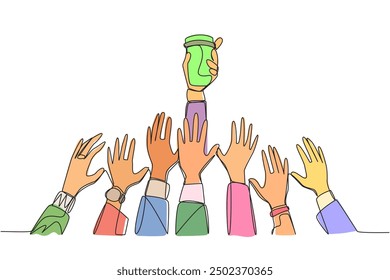 Single continuous line drawing hands fighting over the paper cup. Hands that struggle persistently to quench thirst. Success must be achieved as soon as possible. One line design vector illustration