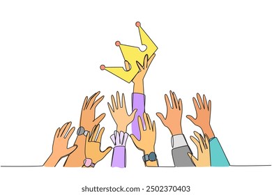 Single continuous line drawing hands fighting for the crown. Fighting for power with each other. Utilizing position inappropriately. Negative impact. Improperly. One line design vector illustration