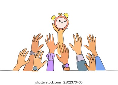 Single continuous line drawing hands fighting over alarm clock. Able to carry out big responsibilities well. Complete obligations before the deadline. Responsible. One line design vector illustration