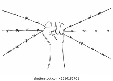 Single continuous line drawing hands holding barbed wire. It's gone beyond the limit. Move to fight. Demand the equality. Strong and just. Restoring the dignity. One line design vector illustration