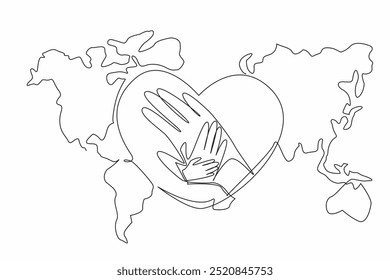 Single continuous line drawing hands stacked in the middle of a heart shape on a world map background. The global compassion. Humanitarian efforts. World NGO Day. One line design vector illustration