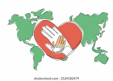 Single continuous line drawing hands stacked in the middle of a heart shape on a world map background. The global compassion. Humanitarian efforts. World NGO Day. One line design vector illustration