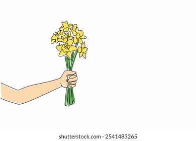 Single continuous line drawing hands holding several stalks of daffodil flower. Poisonous plants that also have many benefits. Like two sides of coin. Daffodil Day. One line design vector illustration