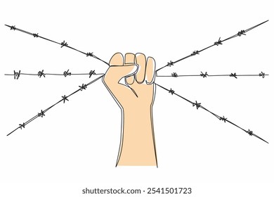 Single continuous line drawing hands holding barbed wire. It's gone beyond the limit. Move to fight. Demand the equality. Strong and just. Restoring the dignity. One line design vector illustration