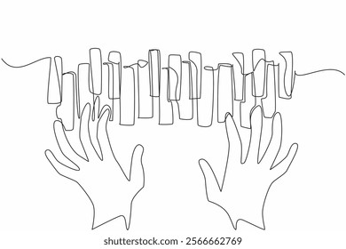 Single continuous line drawing hands pressing the piano keys which are arranged irregularly. Advertising needs for classical music lovers. International Jazz Day. One line design vector illustration