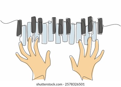 Single continuous line drawing hands pressing the piano keys which are arranged irregularly. Advertising needs for classical music lovers. International Jazz Day. One line design vector illustration