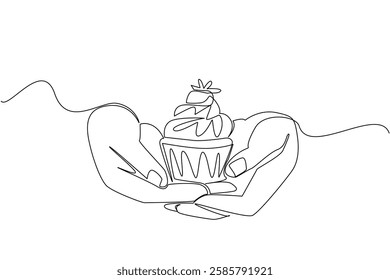 Single continuous line drawing hands holding cupcakes with strawberry topping. Presenting delicious sweet snacks. Culinary. National Give Someone a Cupcake Day. One line design vector illustration