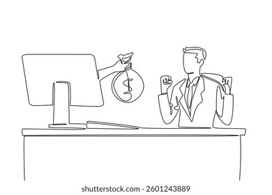 Single continuous line drawing hands out of the monitor screen while holding a money bag. An active businessman with big profits. Smart worker. Things from Screen. One line design vector illustration