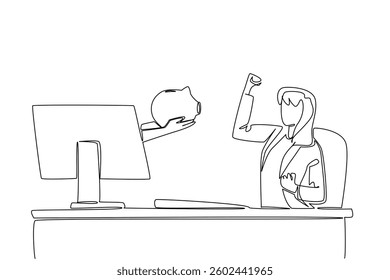 Single continuous line drawing hands out of monitor screen while holding piggy bank. Invest now for a bright future. The joy of businesswoman. Things from Screen. One line design vector illustration