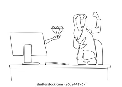 Single continuous line drawing hands out of the monitor screen while holding a diamond. Dancing with the luxury of jewelry. The smart worker. Things from Screen. One line design vector illustration