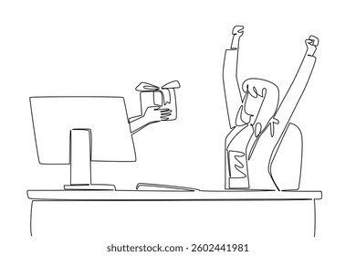 Single continuous line drawing hands out of the monitor screen while holding a gift box. Expressions of gratitude from online relations. Happy. Things from Screen. One line design vector illustration