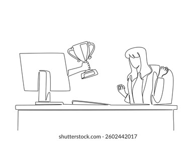 Single continuous line drawing hands out of the monitor screen while holding a trophy. Awards are a form of recognition for good efforts. Happy. Things from Screen. One line design vector illustration