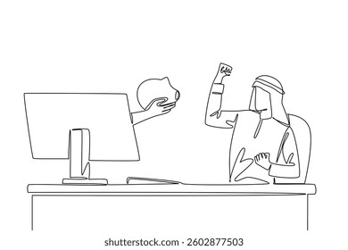 Single continuous line drawing hands out of the monitor screen while holding piggy bank. Prepare a budget to increase investment value. Savings. Things from Screen. One line design vector illustration