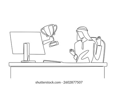 Single continuous line drawing hands out of the monitor screen while holding trophy. Inauguration as the most successful businessman in Arabia. Things from Screen. One line design vector illustration