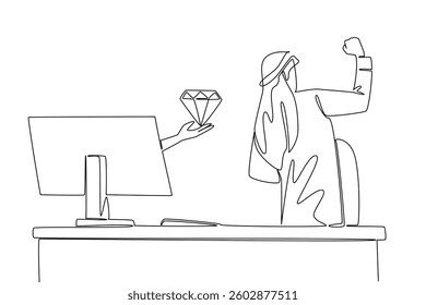 Single continuous line drawing hands out of the monitor screen while holding a diamond. Success produces luxury. Smart worker. Excited. Happy. Things from Screen. One line design vector illustration