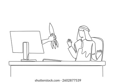 Single continuous line drawing hands out of the monitor screen while holding rocket. Full investment for the launch of new innovations startup. Things from Screen. One line design vector illustration