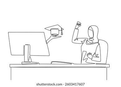 Single continuous line drawing hands out of the monitor screen while holding a graduation cap. Online lectures and graduation. The smart worker. Things from Screen. One line design vector illustration