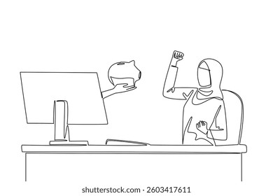 Single continuous line drawing hands out of the monitor screen while holding a piggy bank. Get additional capital for business expansion. Happy. Things from Screen. One line design vector illustration