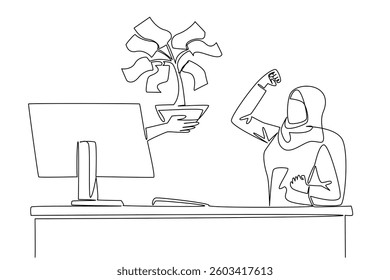 Single continuous line drawing hands out of the monitor screen while holding money tree with leaves made of banknotes. Investment. Profit. Fun. Things from Screen. One line design vector illustration
