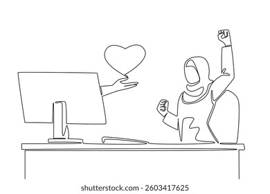 Single continuous line drawing hands out of monitor screen while holding love. Late to build love for business. Success that goes hand in hand. Things from Screen. One line design vector illustration