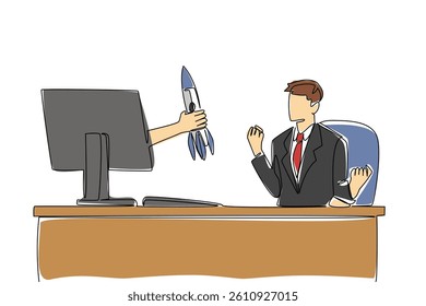 Single continuous line drawing hands out of the monitor screen while holding a rocket. Golden opportunity to move to the dream startup. Career. Things from Screen. One line design vector illustration