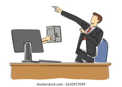 Single continuous line drawing hands out of the monitor screen while holding a safe deposit box. Get antique storage as a safe storage media. Things from Screen. One line design vector illustration