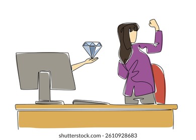 Single continuous line drawing hands out of the monitor screen while holding a diamond. Dancing with the luxury of jewelry. The smart worker. Things from Screen. One line design vector illustration