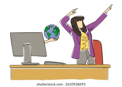 Single continuous line drawing hands out of monitor screen while holding globe. Rejoice in the new business network that is being established. Things from Screen. One line design vector illustration