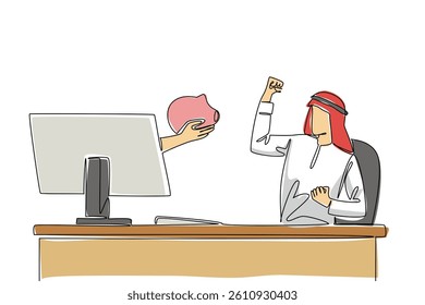 Single continuous line drawing hands out of the monitor screen while holding piggy bank. Prepare a budget to increase investment value. Savings. Things from Screen. One line design vector illustration