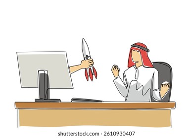 Single continuous line drawing hands out of the monitor screen while holding rocket. Full investment for the launch of new innovations startup. Things from Screen. One line design vector illustration