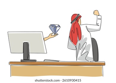 Single continuous line drawing hands out of the monitor screen while holding a diamond. Success produces luxury. Smart worker. Excited. Happy. Things from Screen. One line design vector illustration