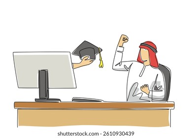 Single continuous line drawing hands out of monitor screen while holding a graduation cap. Pursuing the highest education while doing business. Things from Screen. One line design vector illustration