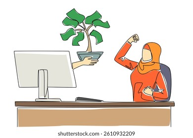 Single continuous line drawing hands out of the monitor screen while holding money tree with leaves made of banknotes. Investment. Profit. Fun. Things from Screen. One line design vector illustration