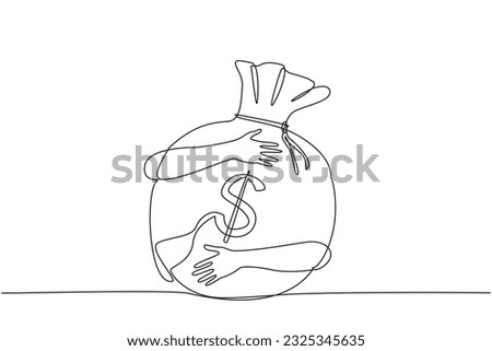 Single continuous line drawing of hands hugging big money bag. Successful entrepreneurs take advantage of existing opportunities to collect a lot of money. Wealth concept. One line vector illustration