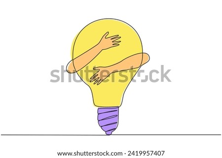 Single continuous line drawing of hands hugging lightbulb. Illustration of brilliant idea for running business during pandemic. Innovation is needed to bring fresh ideas in business. One line vector