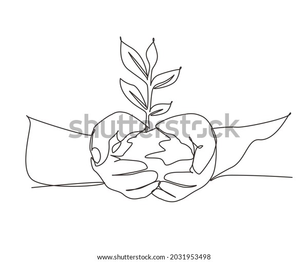 Single continuous line drawing hands holding\
plant in soil on white background. Environment earth day in the\
hands of trees growing seedlings. Dynamic one line draw graphic\
design vector\
illustration