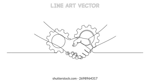 Eine einzige durchgehende Linienzeichnung eines Handshakes mit sichtbaren Zahnrädern im Inneren, die Teamarbeit, Partnerschaft und Strategie symbolisiert