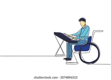 Single continuous line drawing handsome male keyboardist sit wheelchair playing electric keyboard, sing song. Physically disabled. Rehabilitation center. One line draw design vector illustration