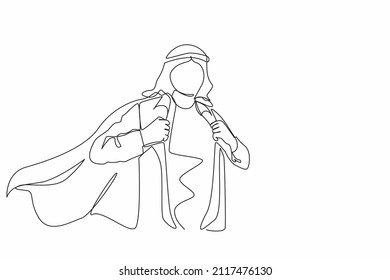 Single continuous line drawing handsome young man in business Arabic clothes with shirt. Successful Arabian businessman. Hero, ripping off his shirt. One line draw graphic design vector illustration