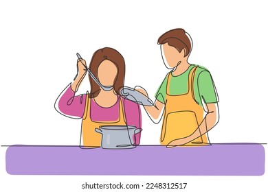 Single continuous line drawing handsome husband holding pan lid and his beautiful wife tasting food using cooking spoon. Cooking together in kitchen. One line draw graphic design vector illustration
