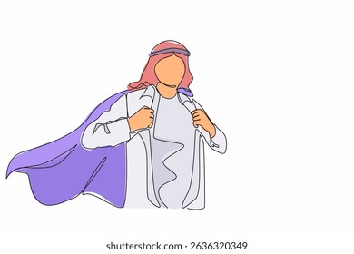 Single continuous line drawing handsome young man in business Arabic clothes with shirt. Successful Arabian businessman. Hero, ripping off his shirt. One line draw graphic design vector illustration