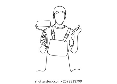 Single continuous line drawing handyman wearing building construction uniform while holding paint roller. Home painted wall renovation service. Dynamic one line draw graphic design vector illustration