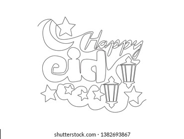 Single continuous line drawing of Happy Eid Al Fitr Mubarak and Ramadan Kareem concept. Islamic holiday calligraphic design for print, greeting card, banner, poster. One line draw design illustration