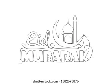 Single continuous line drawing of Happy Eid Al Fitr Mubarak and Ramadan Kareem concept. Islamic holiday calligraphic design for print, greeting card, banner, poster. One line draw design illustration