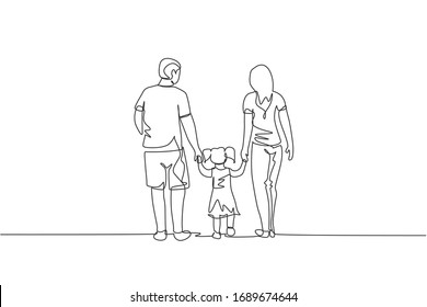 Single continuous line drawing happy young father   mother lead their daughter walking together  holding her hands  Happy family concept  Trendy one line draw design graphic vector illustration