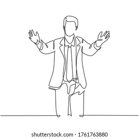 Single continuous line drawing of happy young male worker give supporting hug gesture to his office friend. Welcoming friend support concept. Modern one line draw graphic design vector illustration