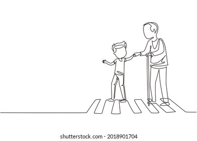 Single continuous line drawing happy boy helps grandfather cross road  Courteous kind kid taking old man across road  holding hand  Manners   respect  One line graphic design vector illustration