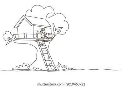 Single continuous line drawing happy child on tree house, little girl playing on children playground, treehouse with wooden ladder, place for kids games on summer. One line draw graphic design vector