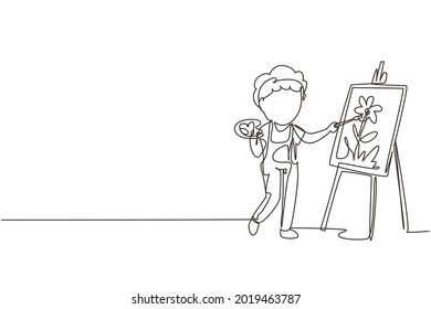 Single continuous line drawing happy cute little kid boy draw on canvas. Happy child painting on easel. Smiling boy with brush and paints. Dynamic one line draw graphic design vector illustration